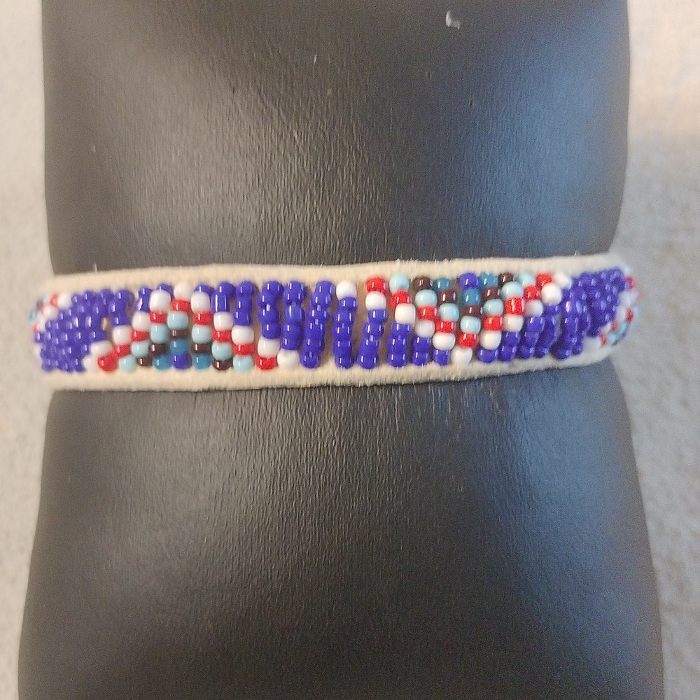Handmade beaded bracelet 8" x 1/2" sewn to leather blue red white Unisex